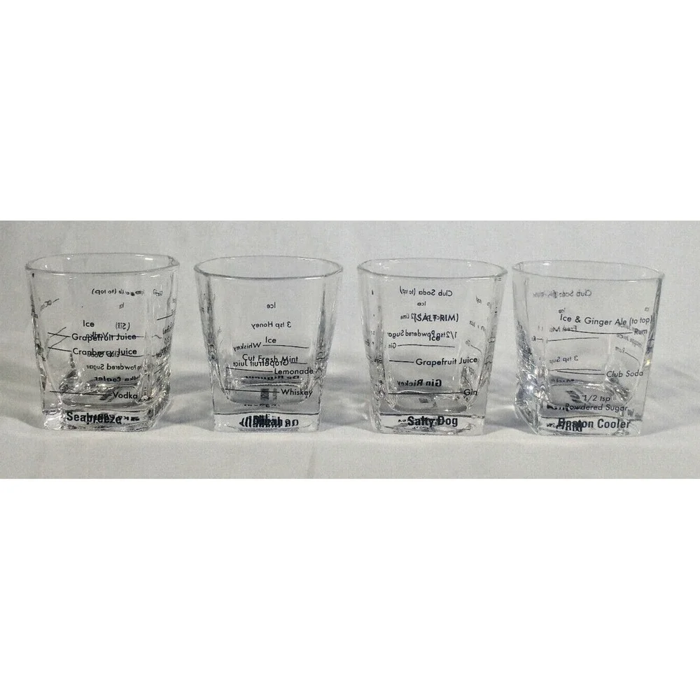 Set of 4 Kikkerland Rocks Glasses Cocktail Recipes Rum Whiskey Gin Vodka